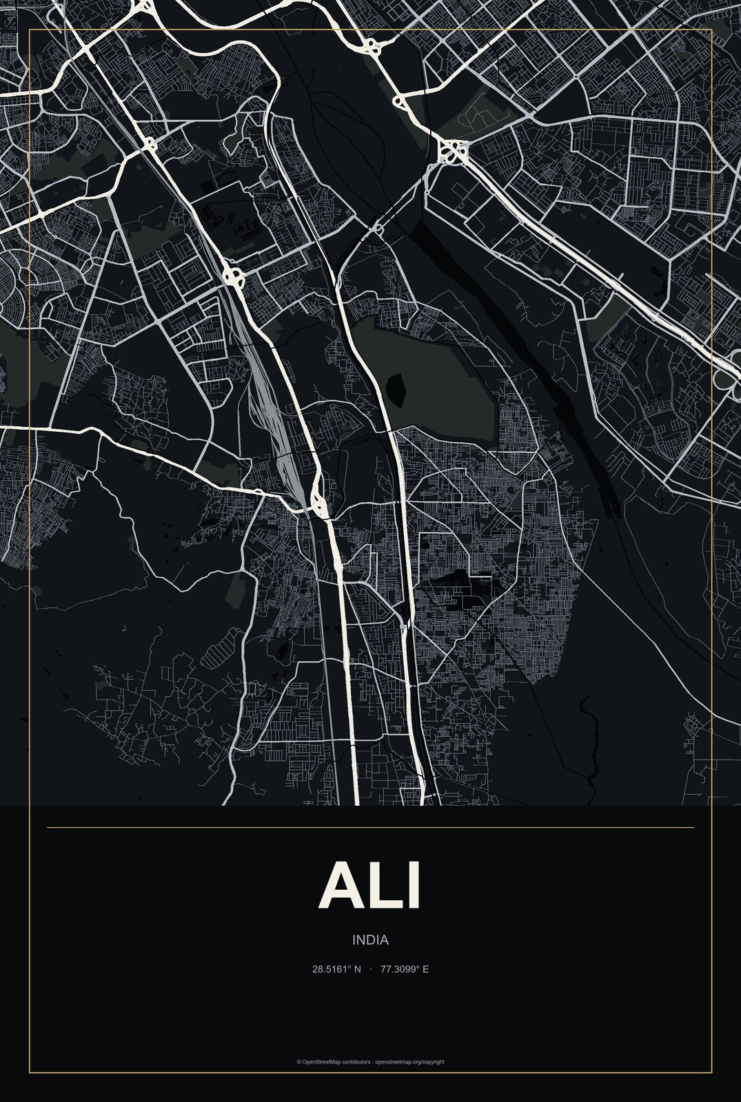 Ali, India City Map Aluminum Sign in Metropolitan Noir style