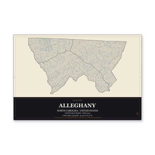 Alleghany County, North Carolina Map Aluminum Sign in Museum Plaque style