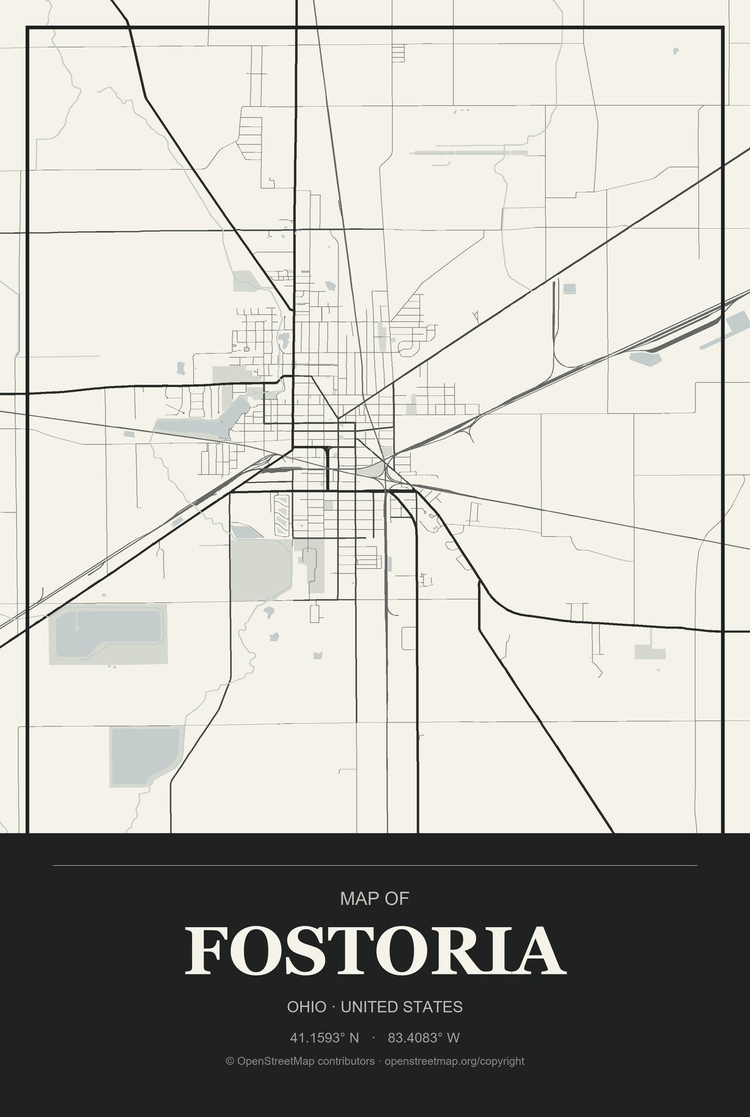 Fostoria, Ohio City Map Aluminum Sign in Museum Plaque style