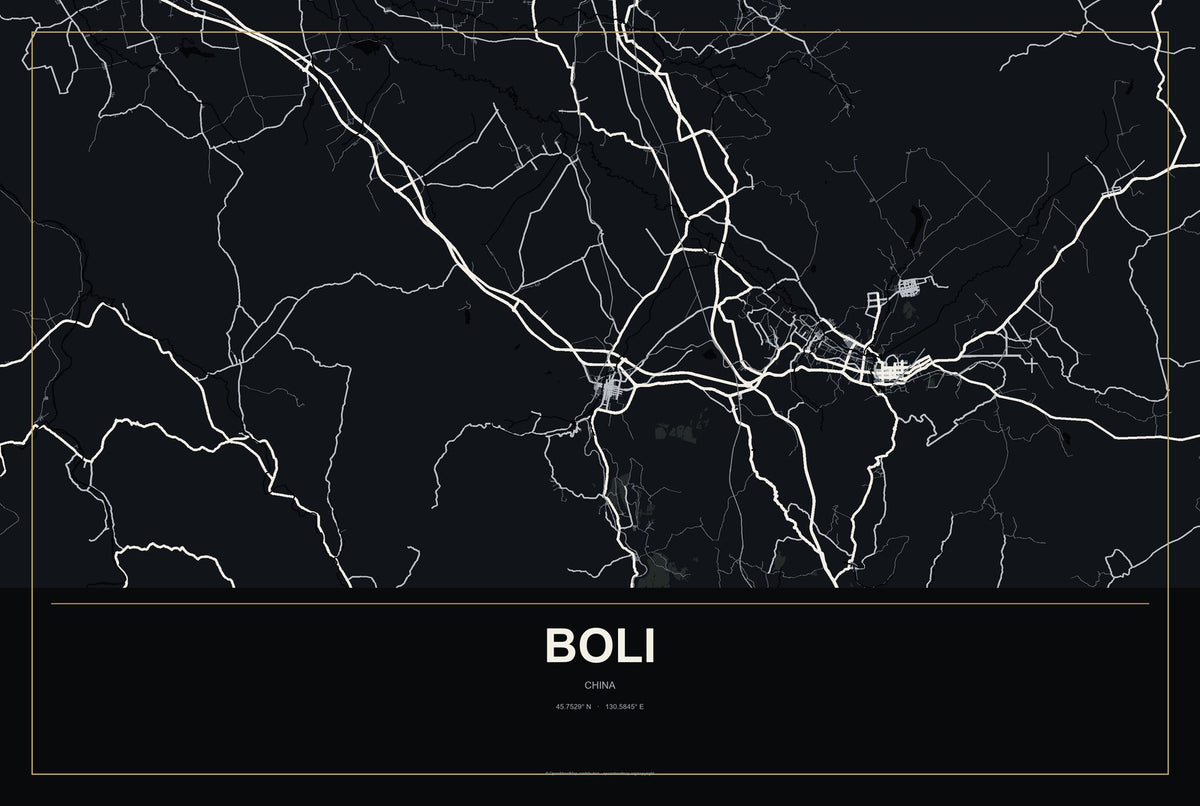 Boli, China City Map Aluminum Sign in Metropolitan Noir style