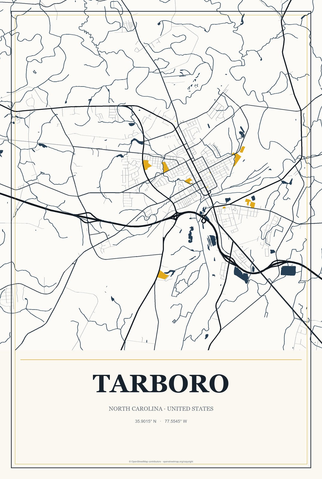 Tarboro, North Carolina City Map Aluminum Sign in Citrine Modern style