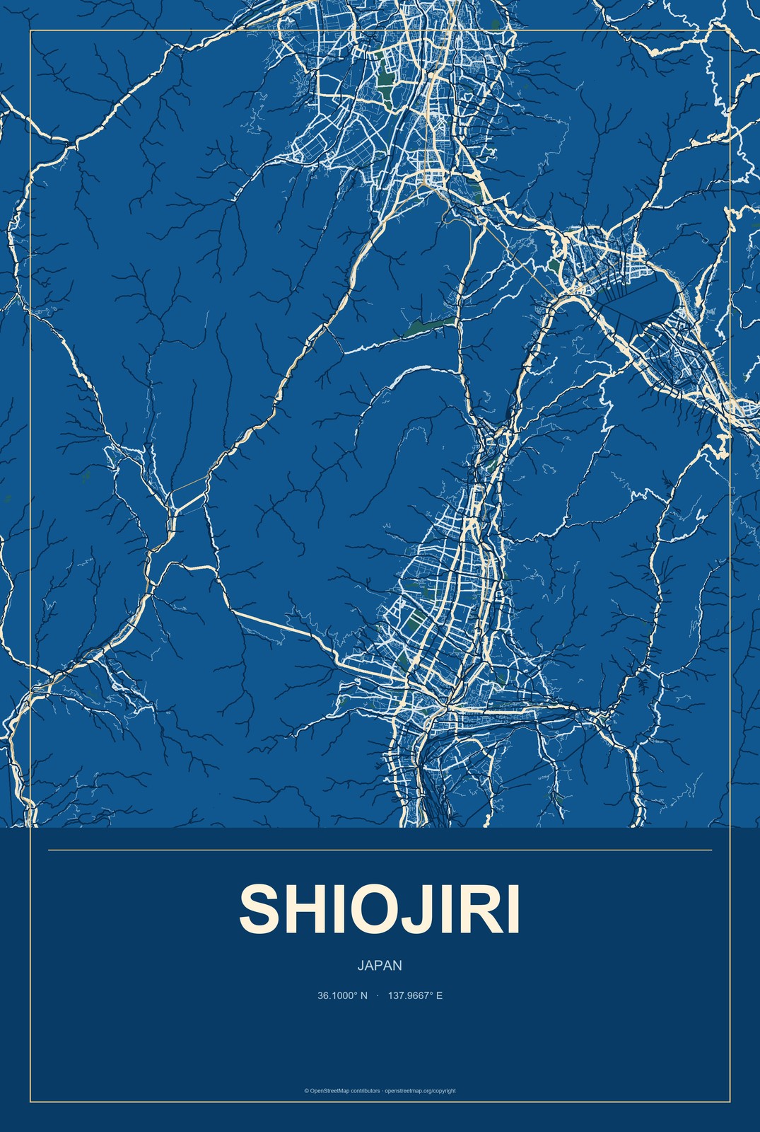 Shiojiri, Japan City Map Aluminum Sign in Harbor Cobalt style