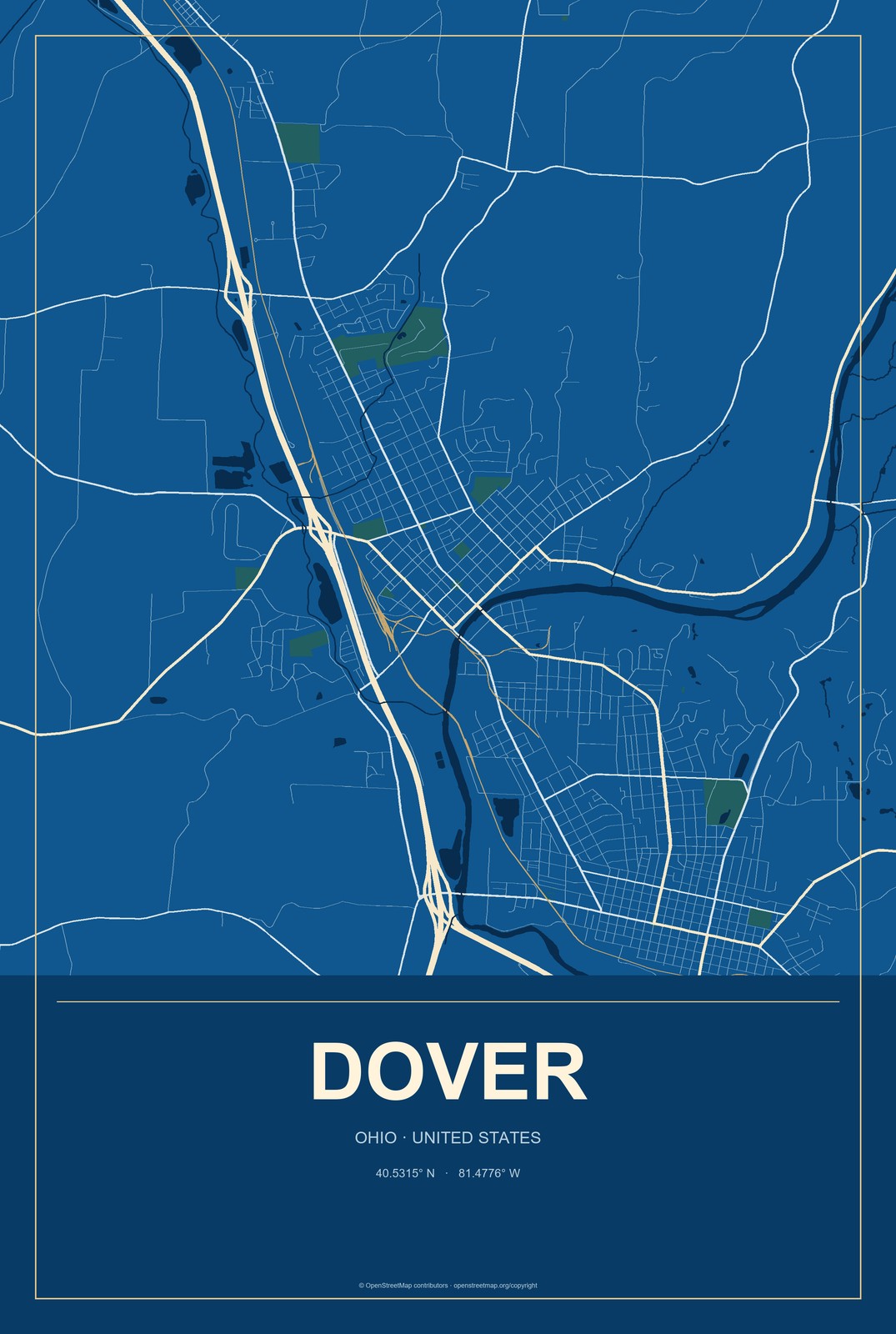 Dover, Ohio City Map Aluminum Sign in Harbor Cobalt style