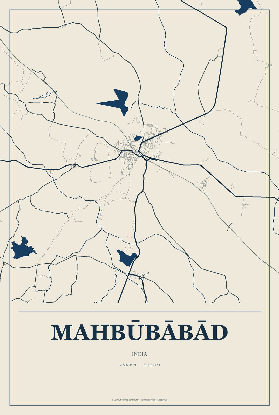 Mahbūbābād, India City Map Aluminum Sign in Coastal Cutout style