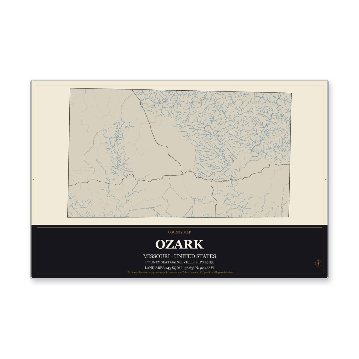 Ozark County, Missouri Map Aluminum Sign in Museum Plaque style