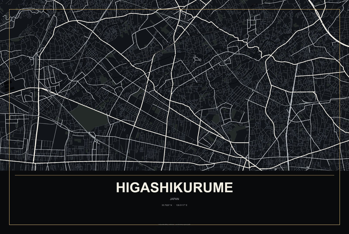Higashikurume, Japan City Map Aluminum Sign in Metropolitan Noir style