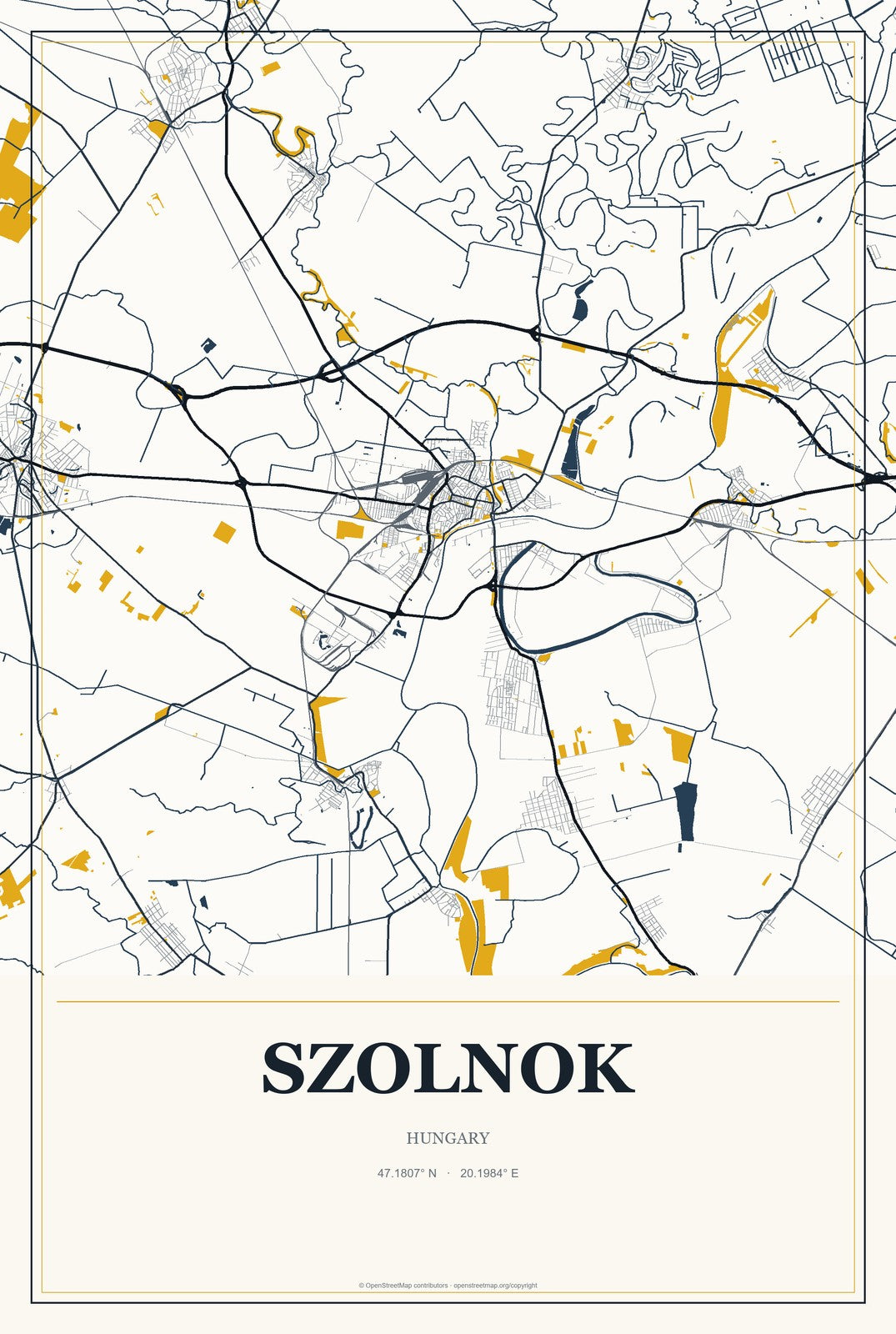Szolnok, Hungary City Map Aluminum Sign in Citrine Modern style