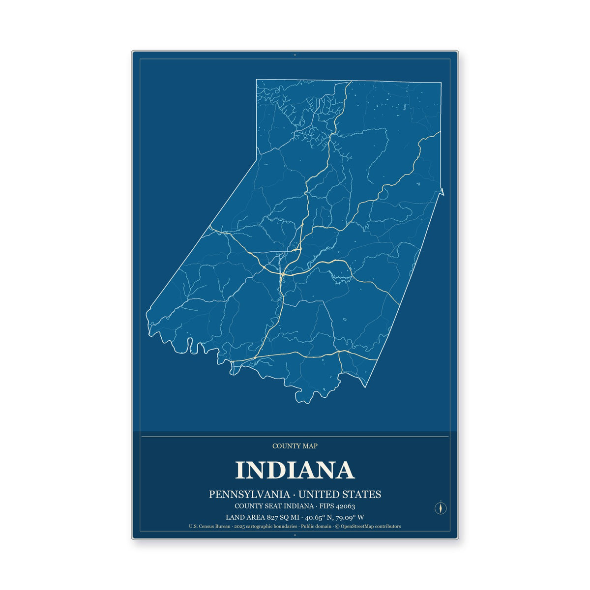 Indiana County, Pennsylvania Map Aluminum Sign in Harbor Cobalt style