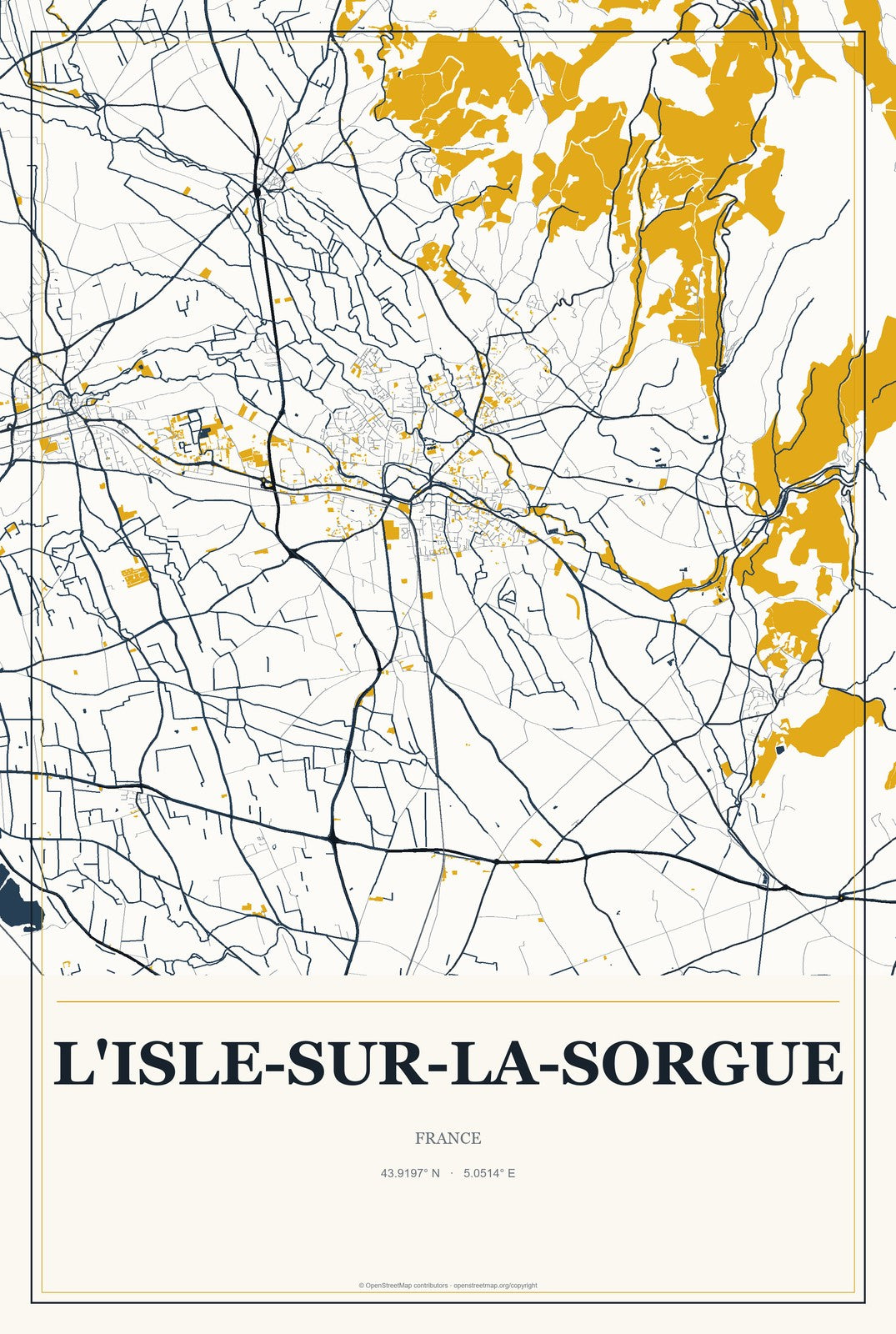L'Isle-sur-la-Sorgue, France City Map Aluminum Sign in Citrine Modern style