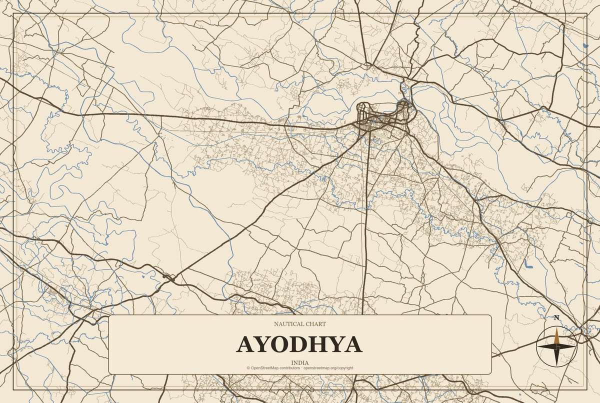Ayodhya, India City Map Aluminum Sign in Heritage Nautical style