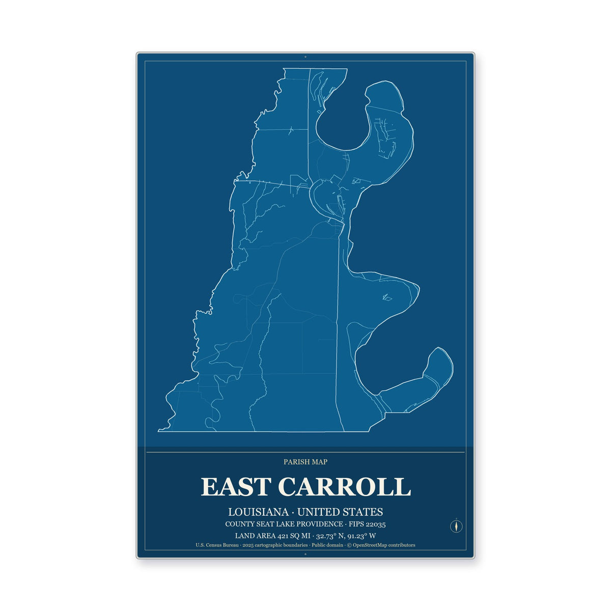 East Carroll Parish, Louisiana Map Aluminum Sign in Harbor Cobalt style