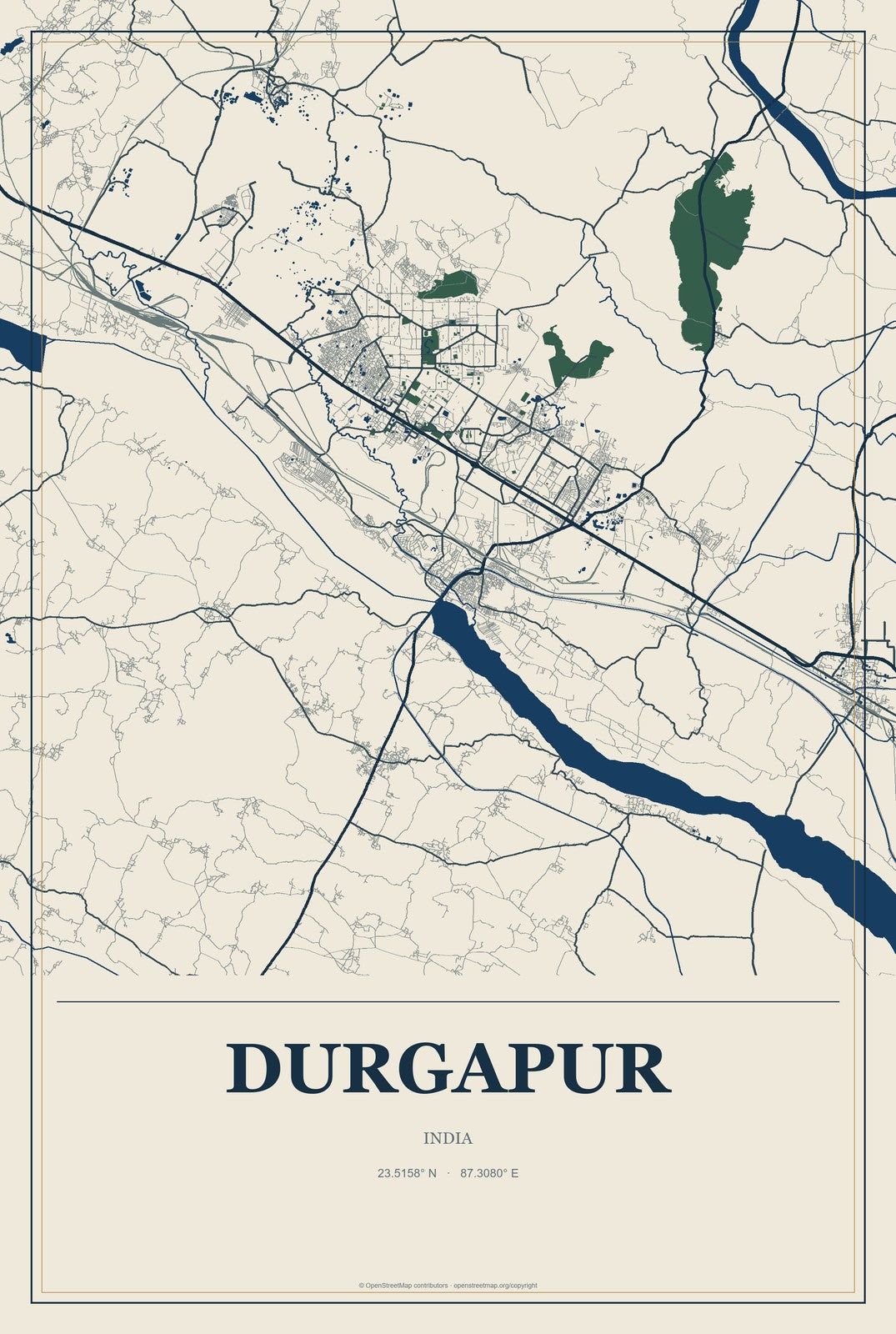 Durgapur, India City Map Aluminum Sign in Coastal Cutout style