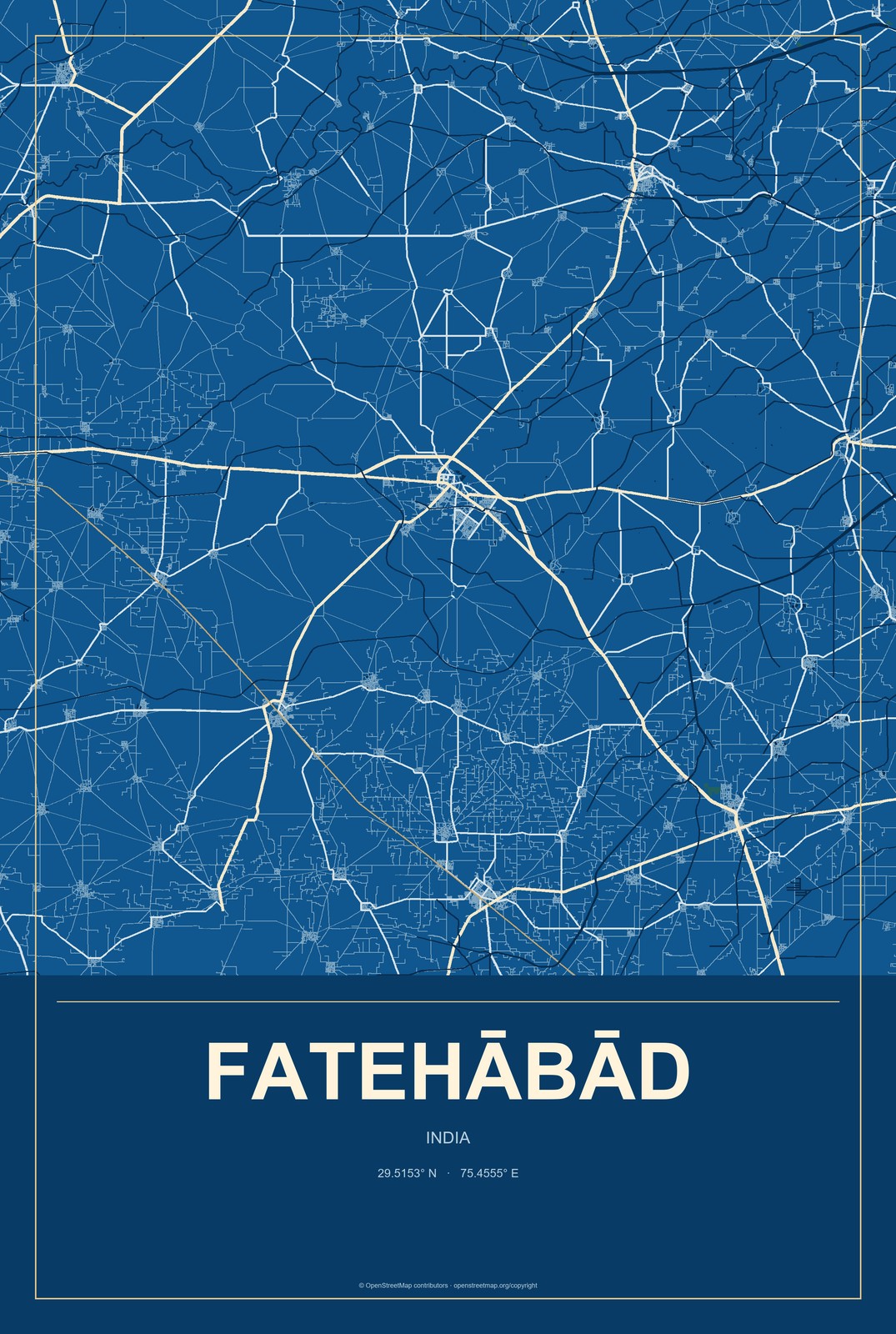 Fatehābād, Haryana, India City Map Aluminum Sign in Harbor Cobalt style