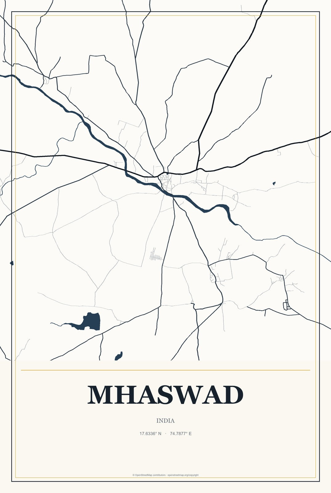 Mhaswad, India City Map Aluminum Sign in Citrine Modern style