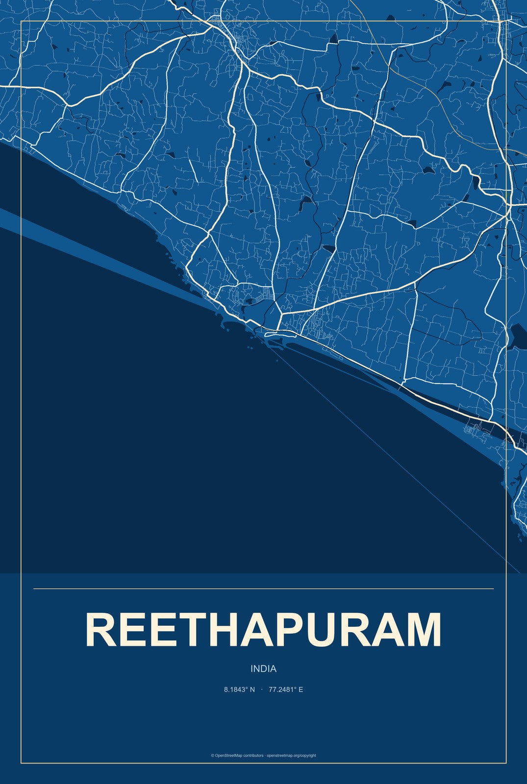 Reethapuram, India City Map Aluminum Sign in Harbor Cobalt style