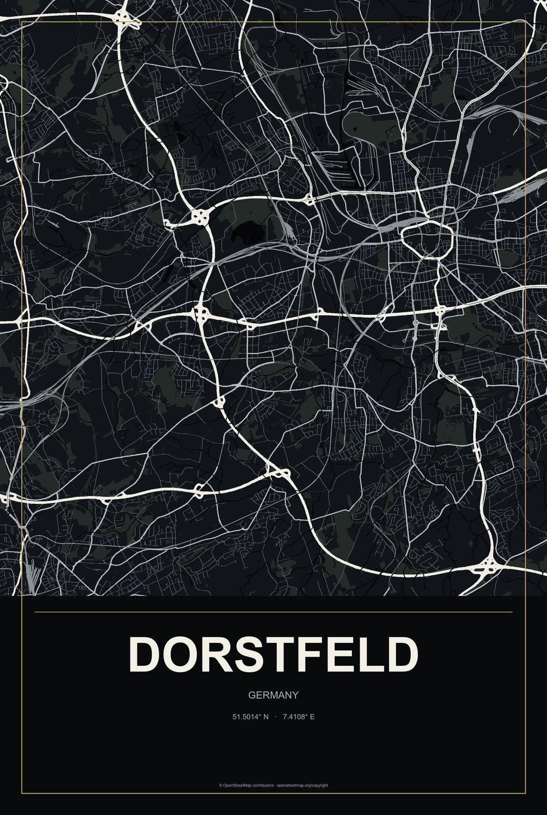 Dorstfeld, Germany City Map Aluminum Sign in Metropolitan Noir style