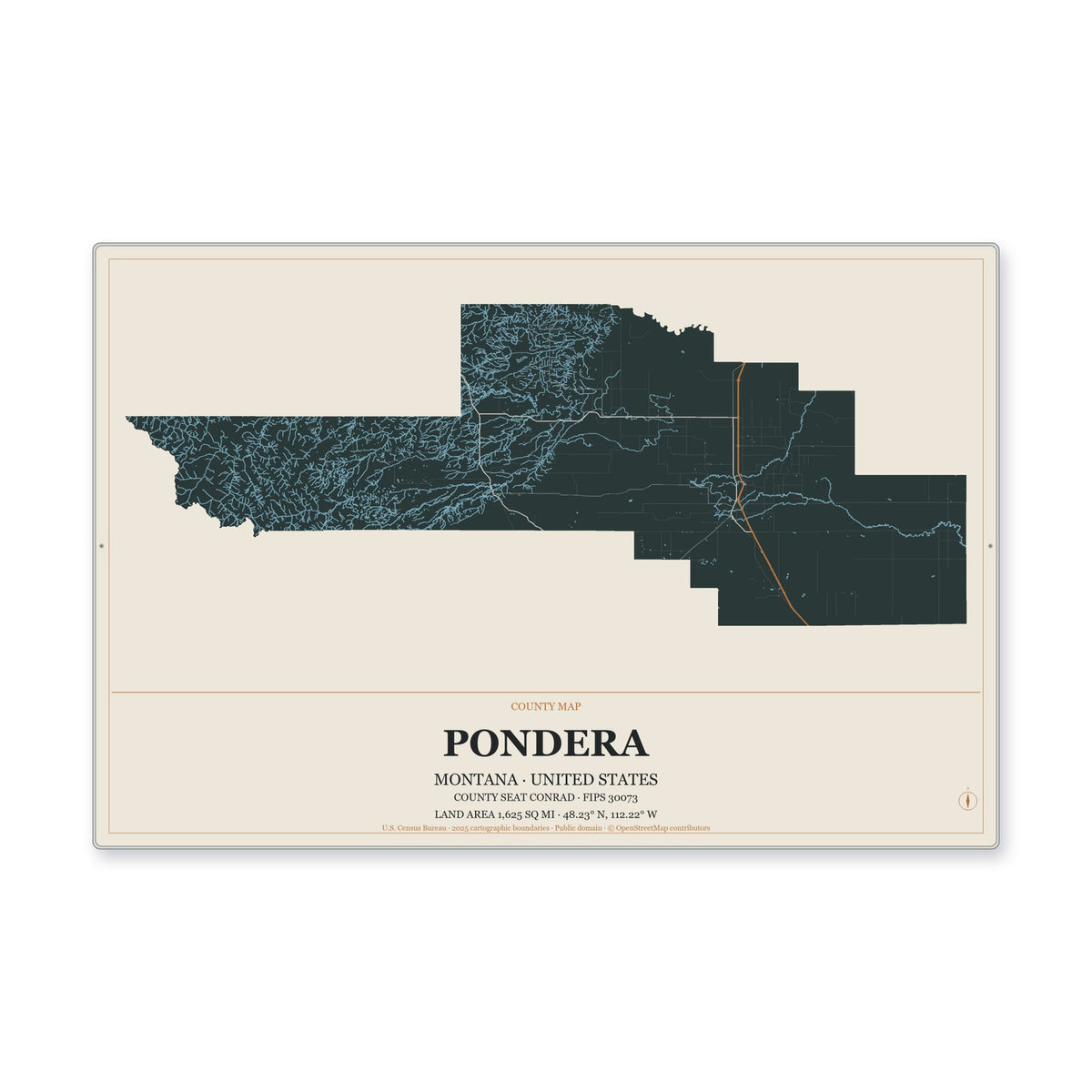 Pondera County, Montana Map Aluminum Sign in Headline Atlas style