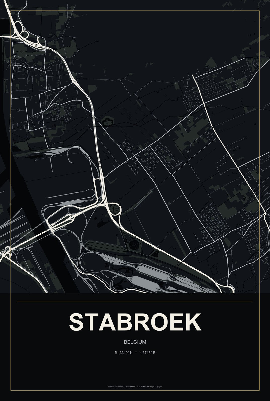 Stabroek, Belgium City Map Aluminum Sign in Metropolitan Noir style