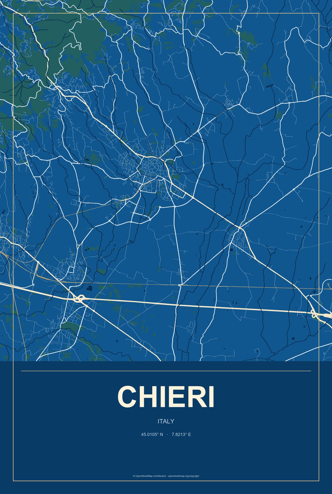 Chieri, Italy City Map Aluminum Sign in Harbor Cobalt style
