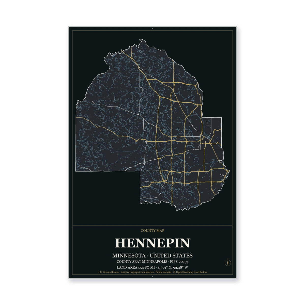 Hennepin County, Minnesota Map Aluminum Sign in Metropolitan Noir style