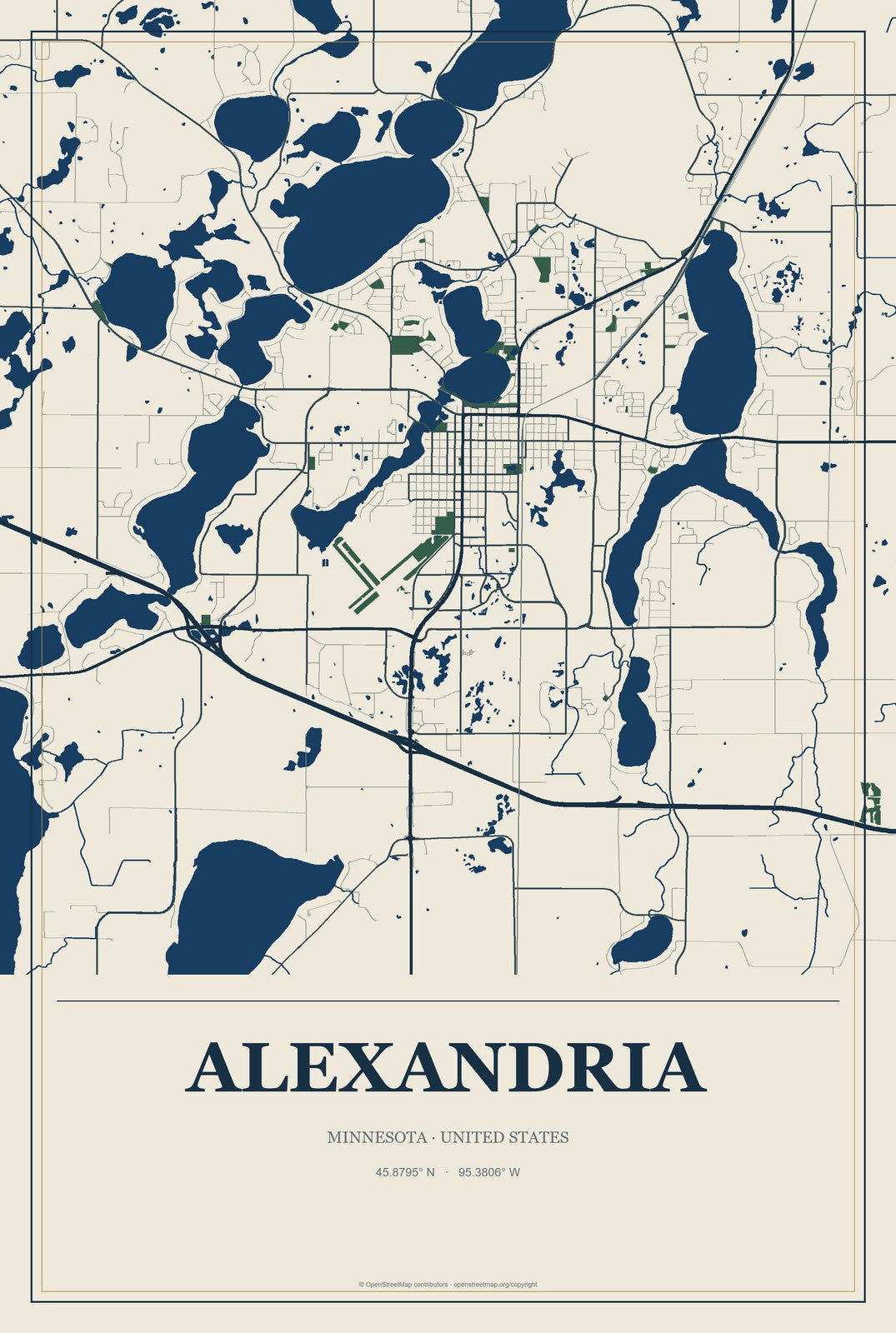 Alexandria, Minnesota City Map Aluminum Sign in Coastal Cutout style