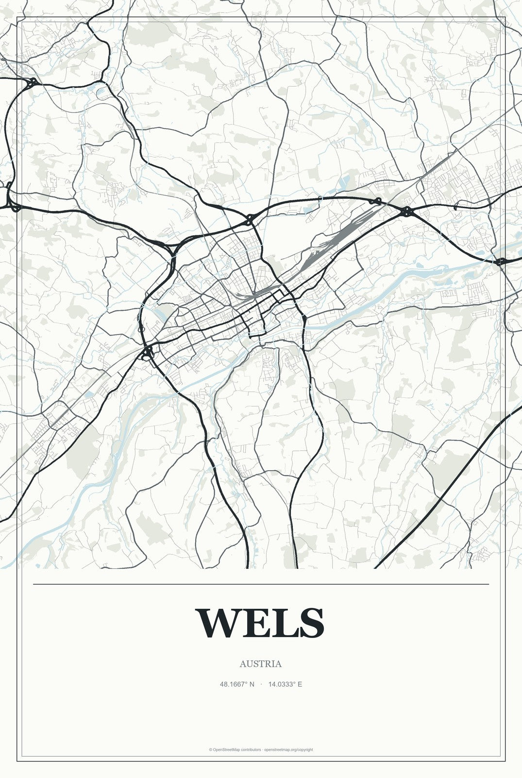 Wels, Austria City Map Aluminum Sign in Gallery Air style