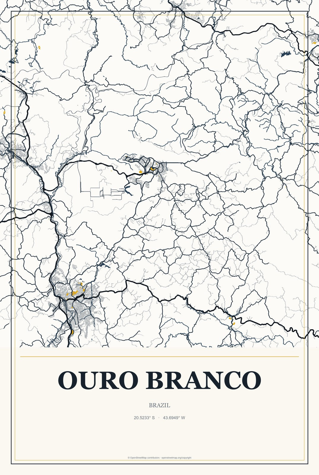 Ouro Branco, Minas Gerais, Brazil City Map Aluminum Sign in Citrine Modern style