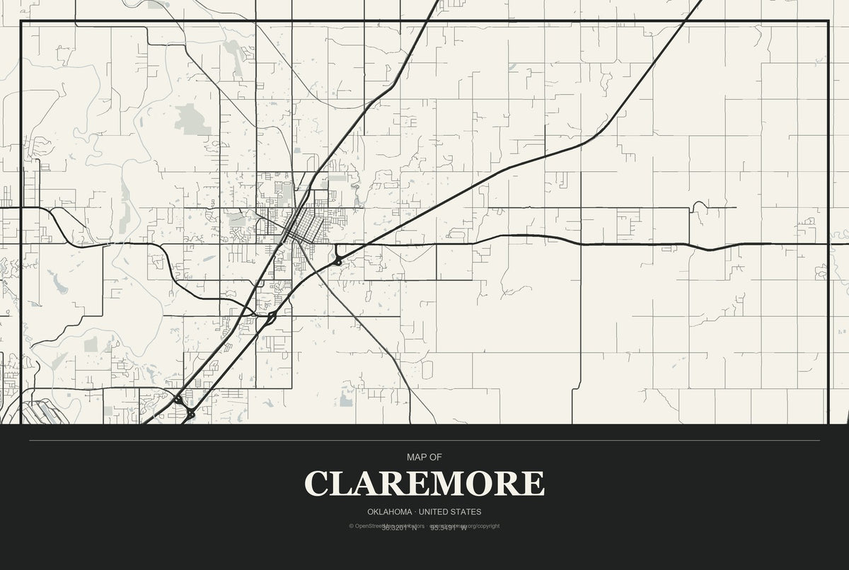 Claremore, Oklahoma City Map Aluminum Sign in Museum Plaque style
