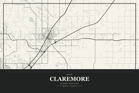 Claremore, Oklahoma City Map Aluminum Sign in Museum Plaque style