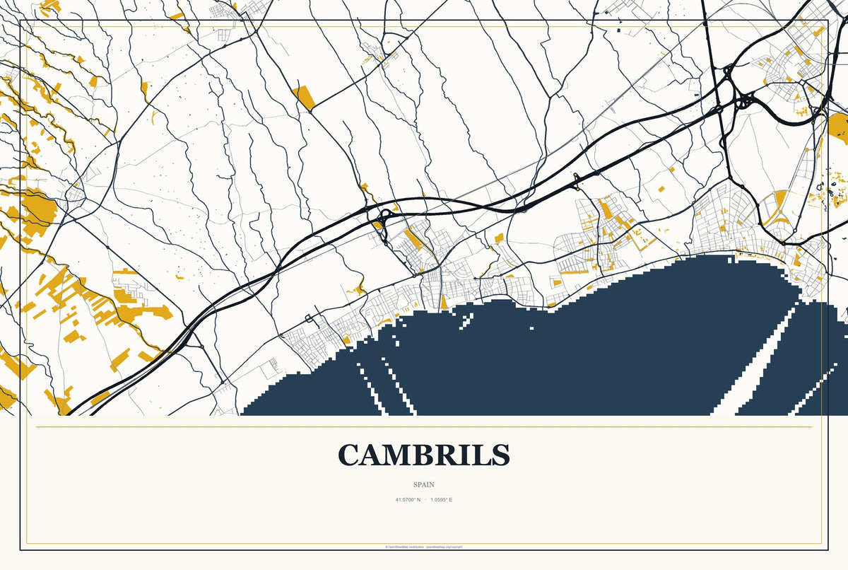Cambrils, Spain City Map Aluminum Sign in Citrine Modern style