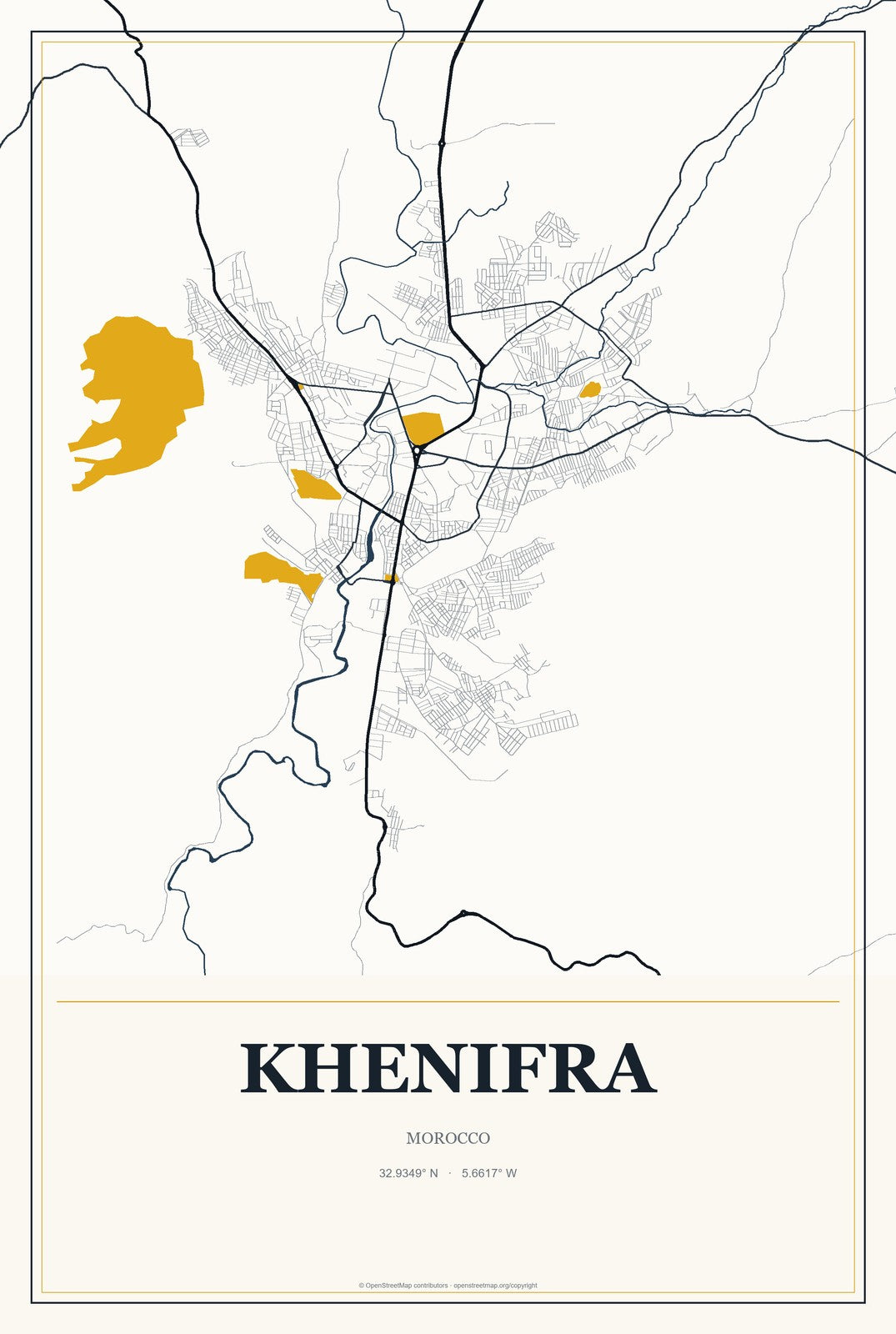 Khenifra, Morocco City Map Aluminum Sign in Citrine Modern style