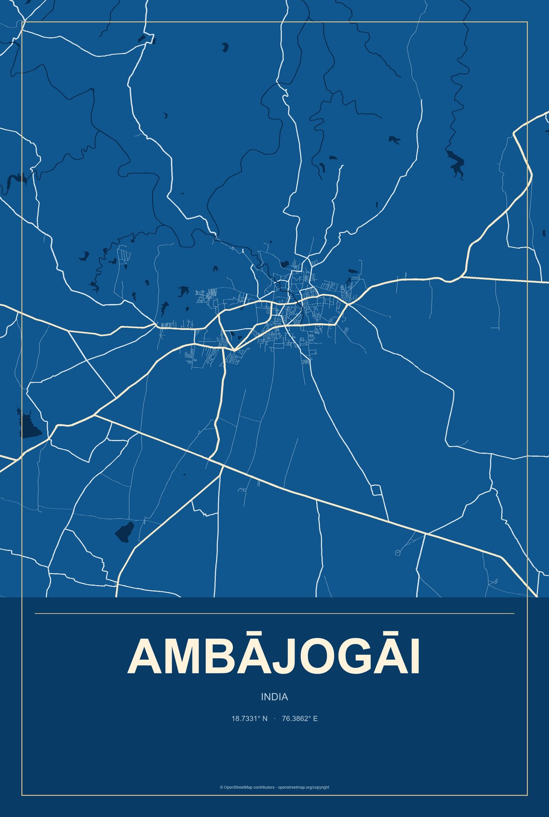 Ambājogāi, India City Map Aluminum Sign in Harbor Cobalt style
