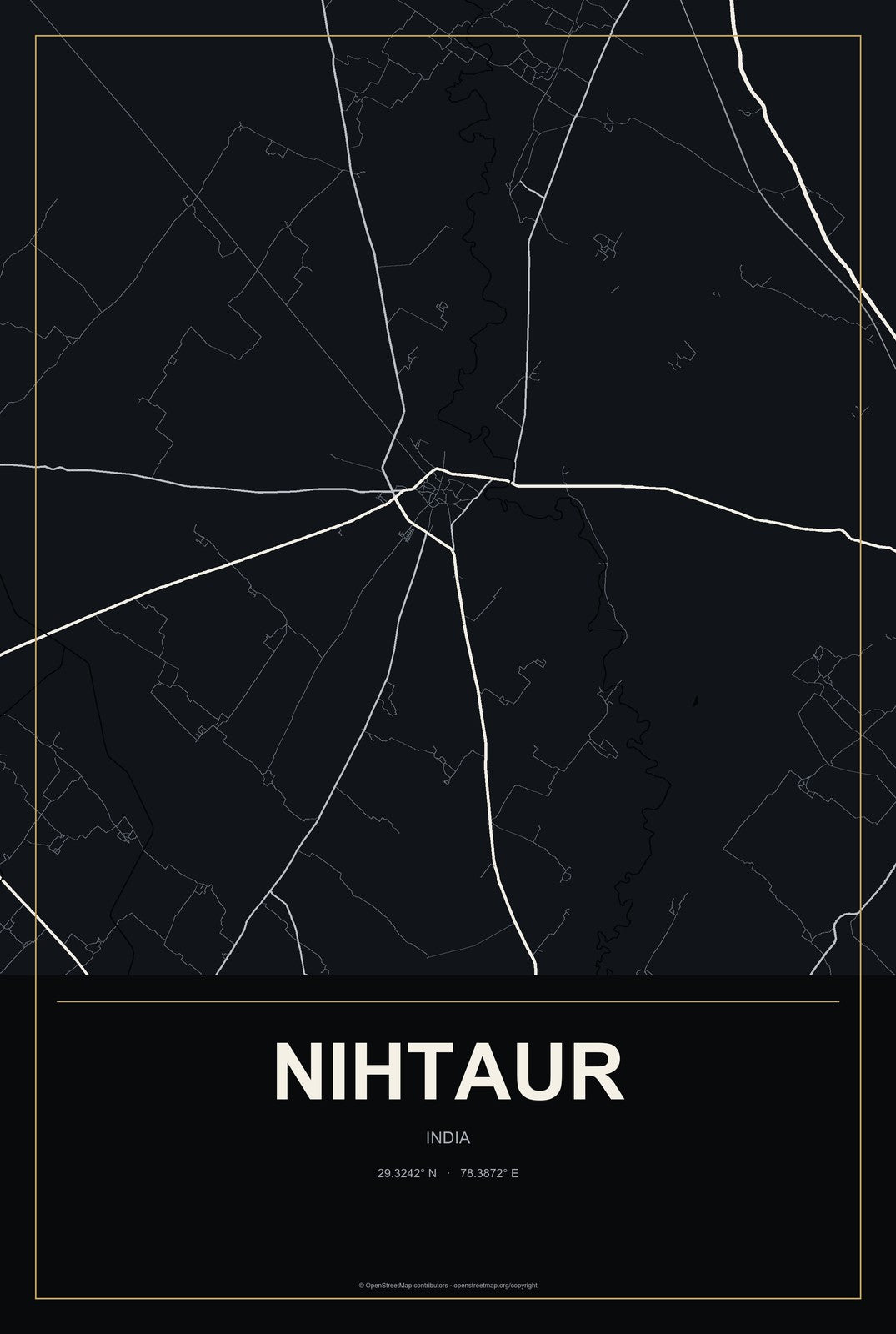 Nihtaur, India City Map Aluminum Sign in Metropolitan Noir style