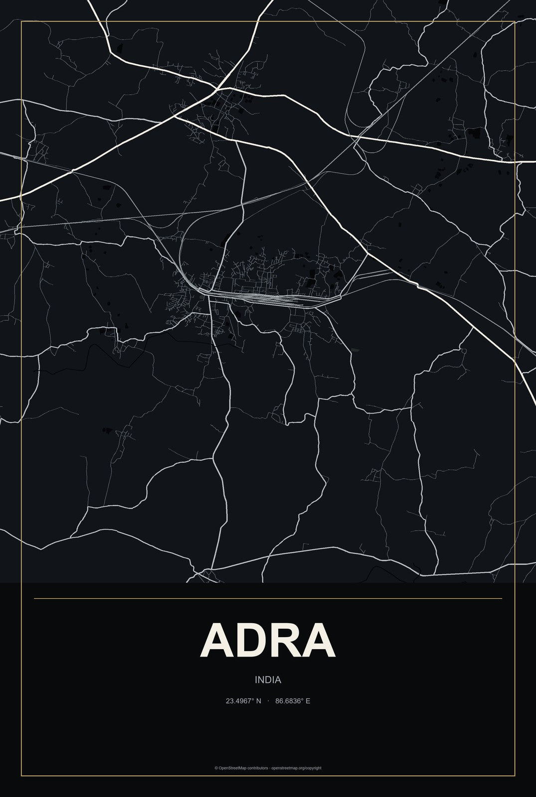 Adra, India City Map Aluminum Sign in Metropolitan Noir style