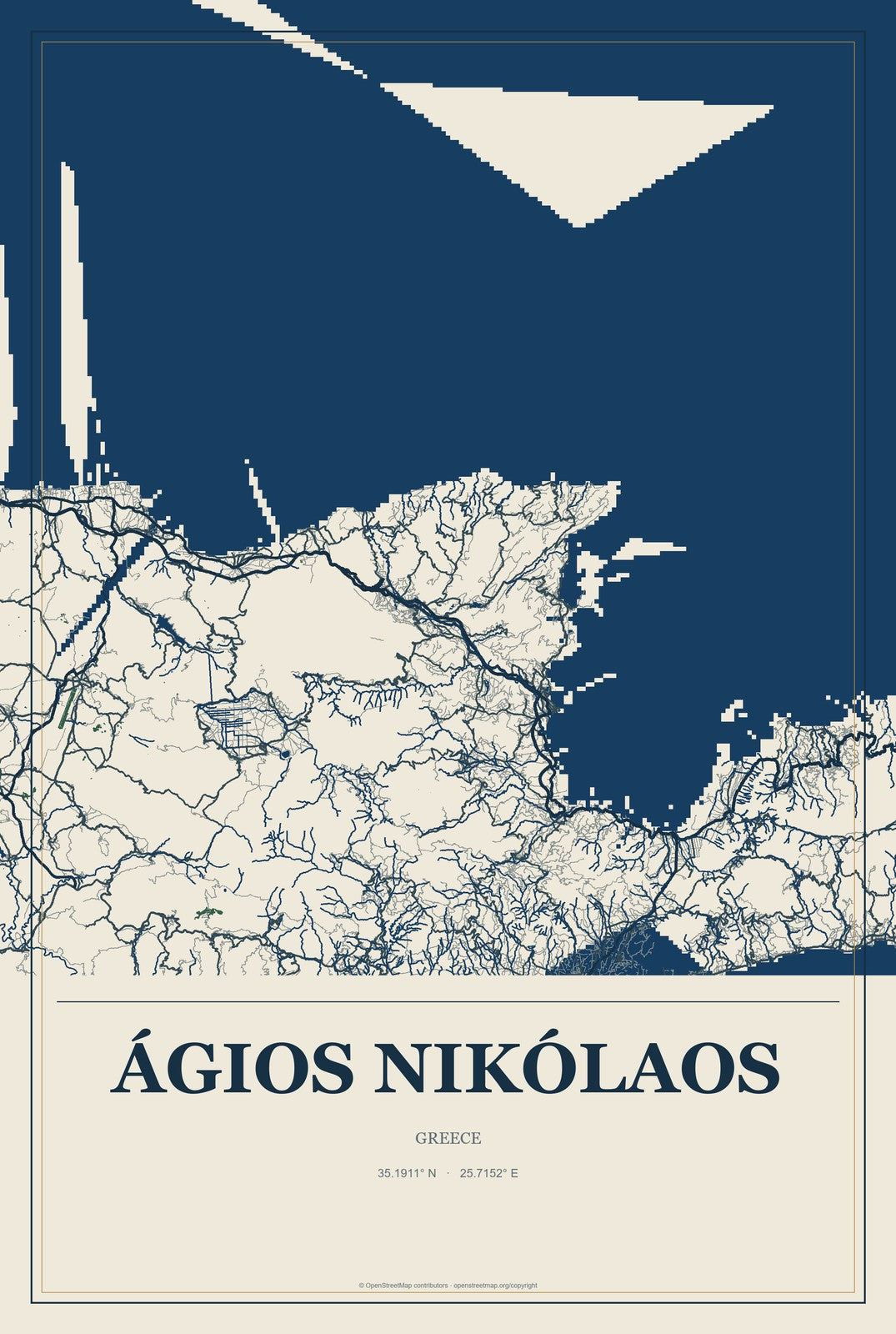 Ágios Nikólaos, Greece City Map Aluminum Sign in Coastal Cutout style