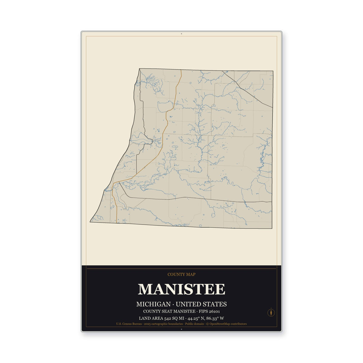 Manistee County, Michigan Map Aluminum Sign in Museum Plaque style