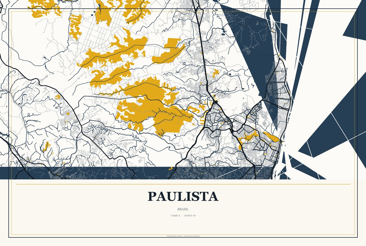 Paulista, Pernambuco, Brazil City Map Aluminum Sign in Citrine Modern style
