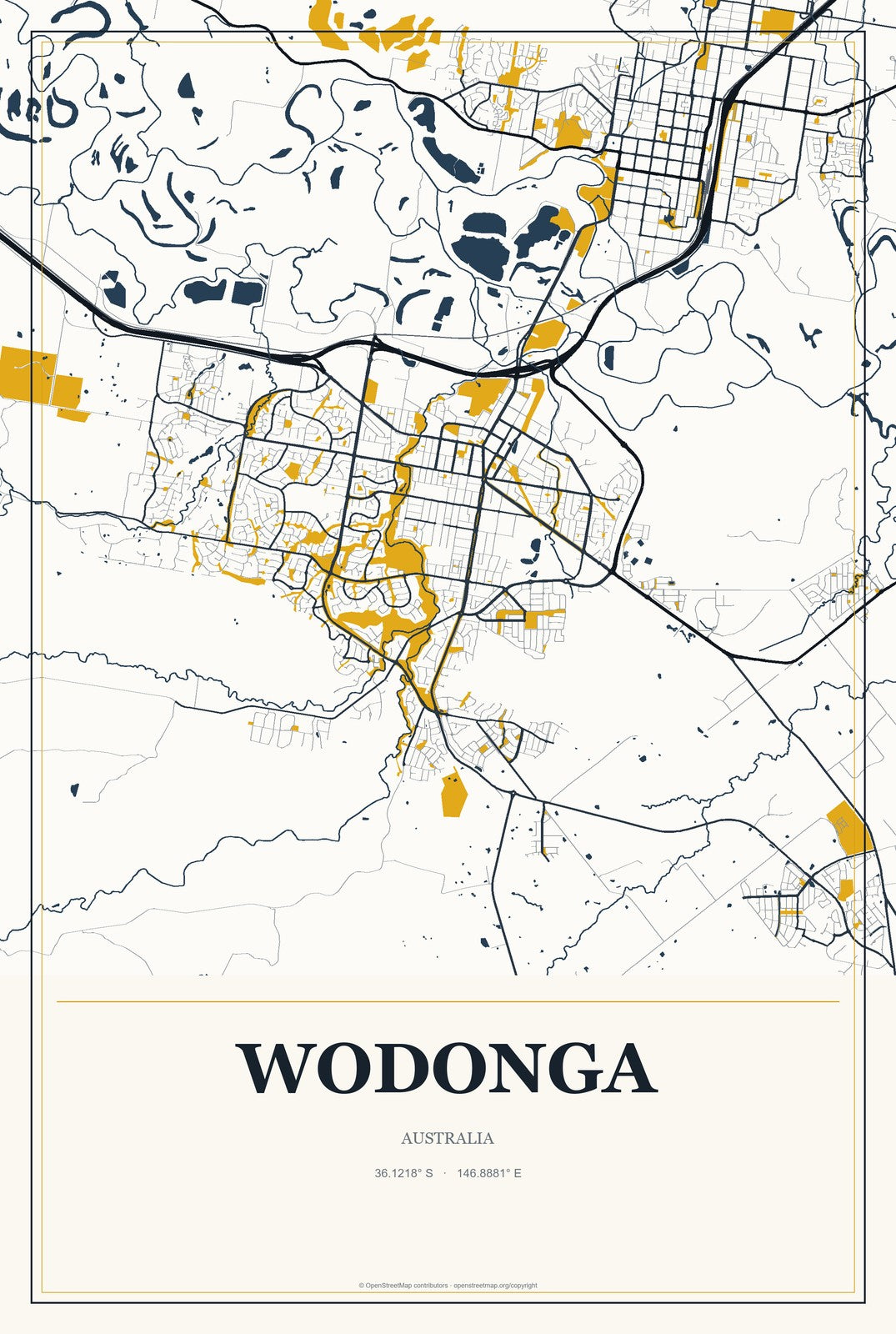 Wodonga, Australia City Map Aluminum Sign in Citrine Modern style