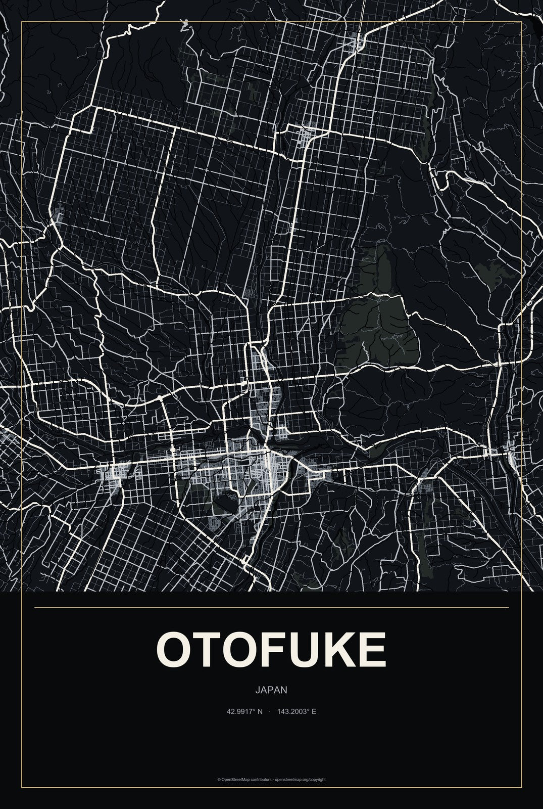 Otofuke, Japan City Map Aluminum Sign in Metropolitan Noir style
