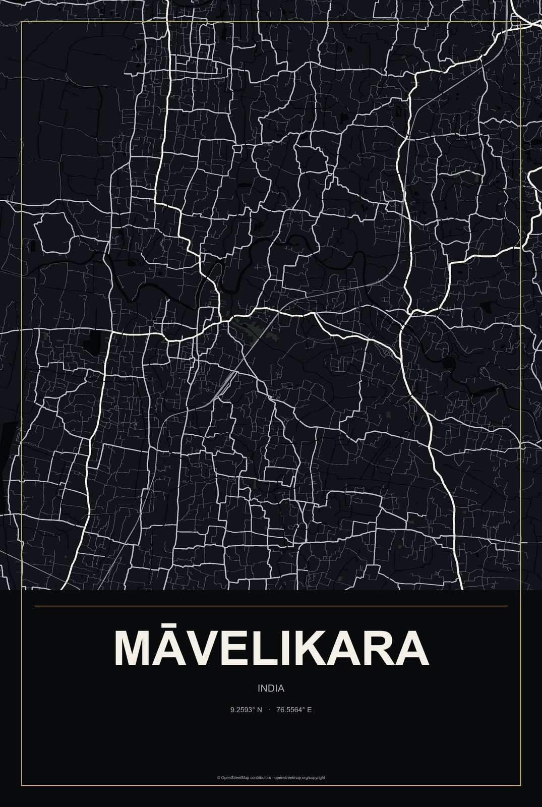Māvelikara, India City Map Aluminum Sign in Metropolitan Noir style