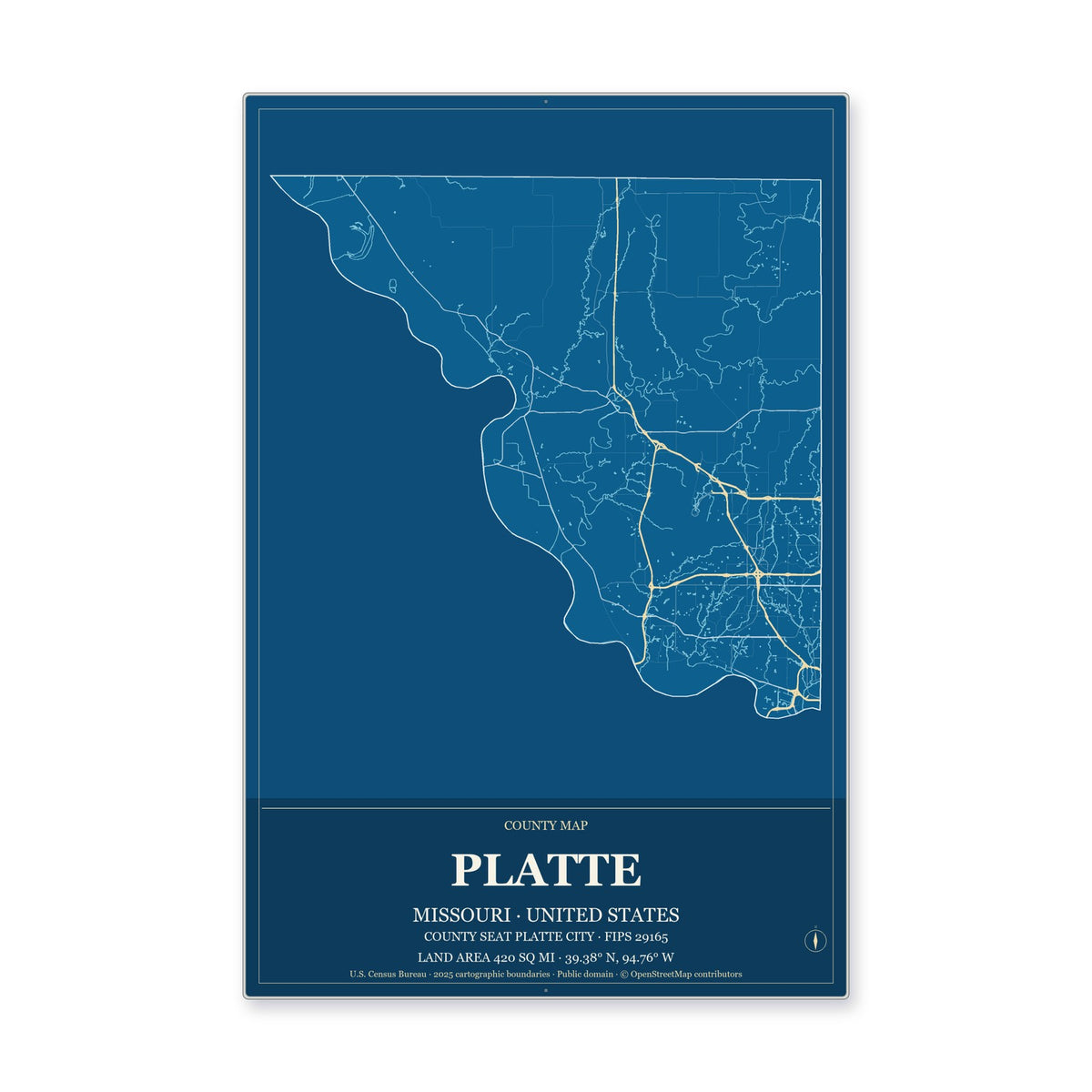 Platte County, Missouri Map Aluminum Sign in Harbor Cobalt style