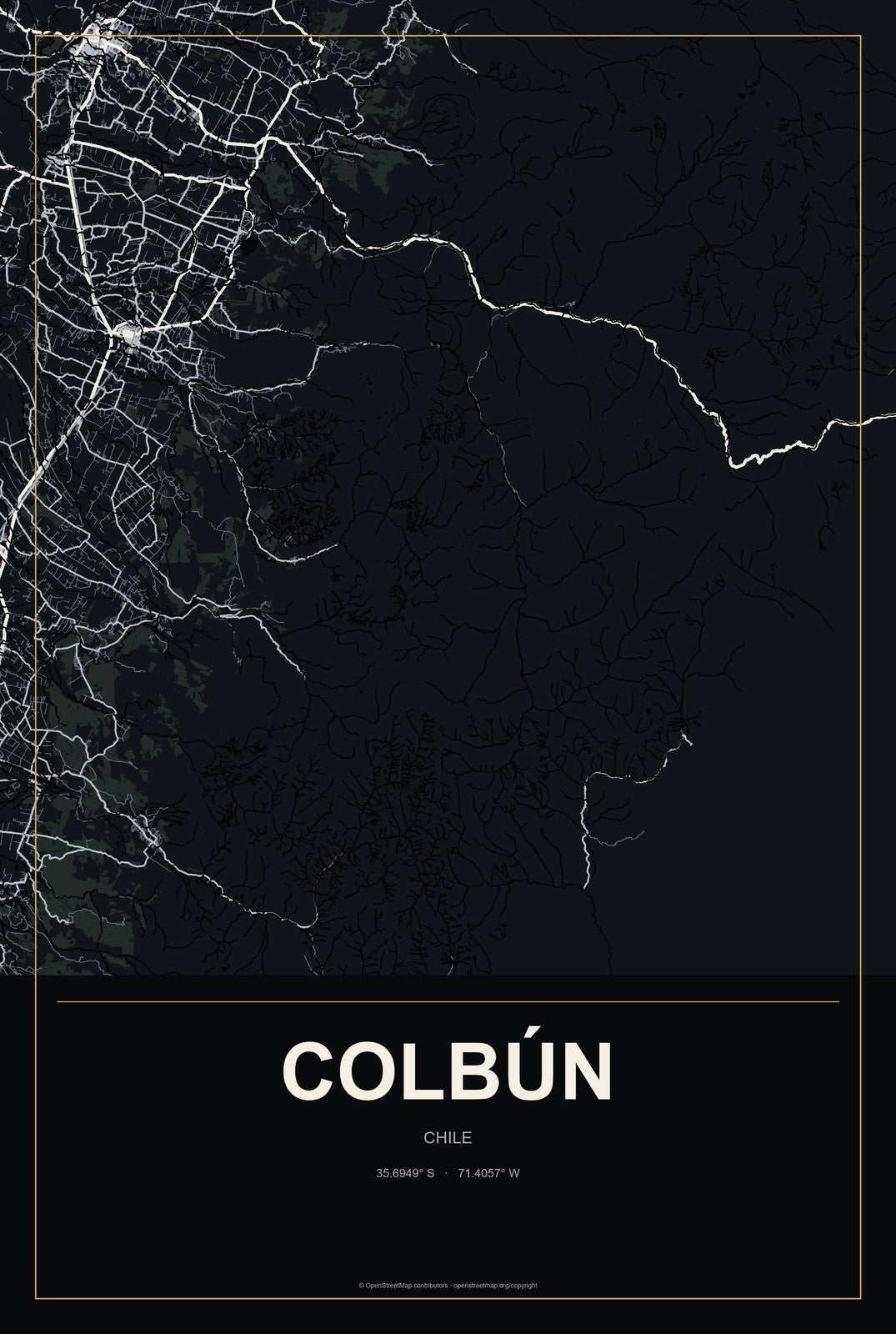 Colbún, Chile City Map Aluminum Sign in Metropolitan Noir style