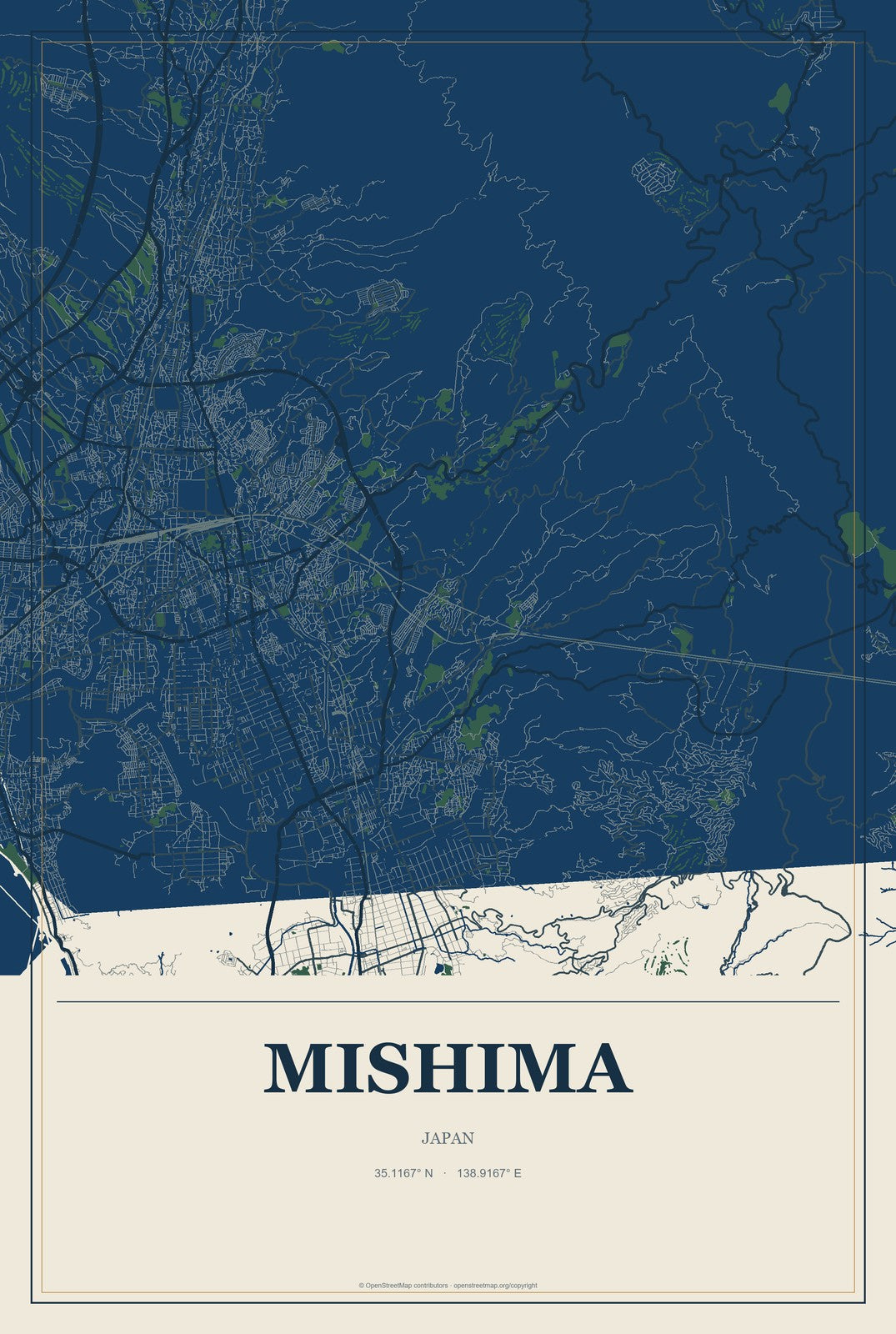 Mishima, Japan City Map Aluminum Sign in Coastal Cutout style