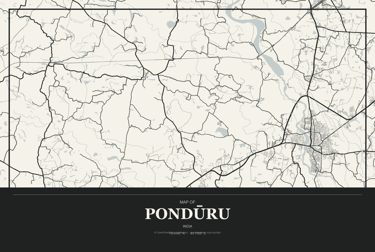 Pondūru, India City Map Aluminum Sign in Museum Plaque style