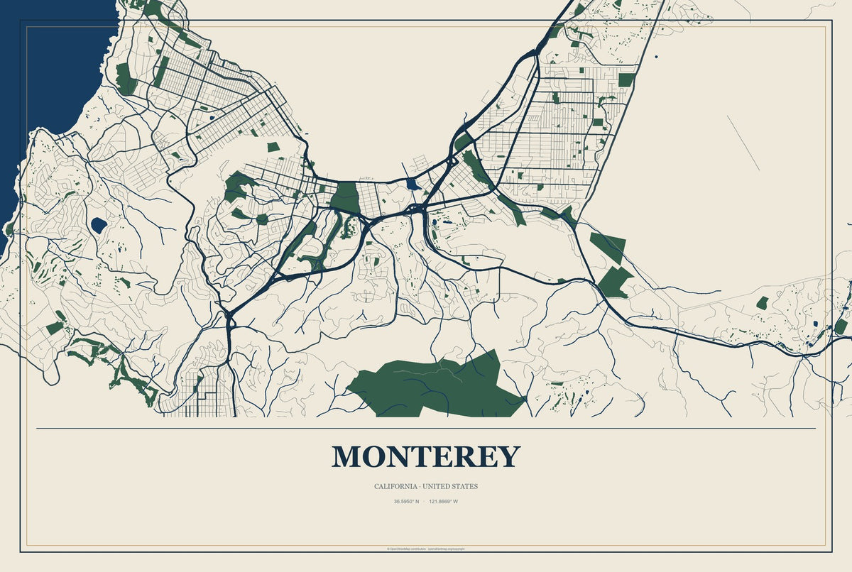 Monterey, California City Map Aluminum Sign in Coastal Cutout style