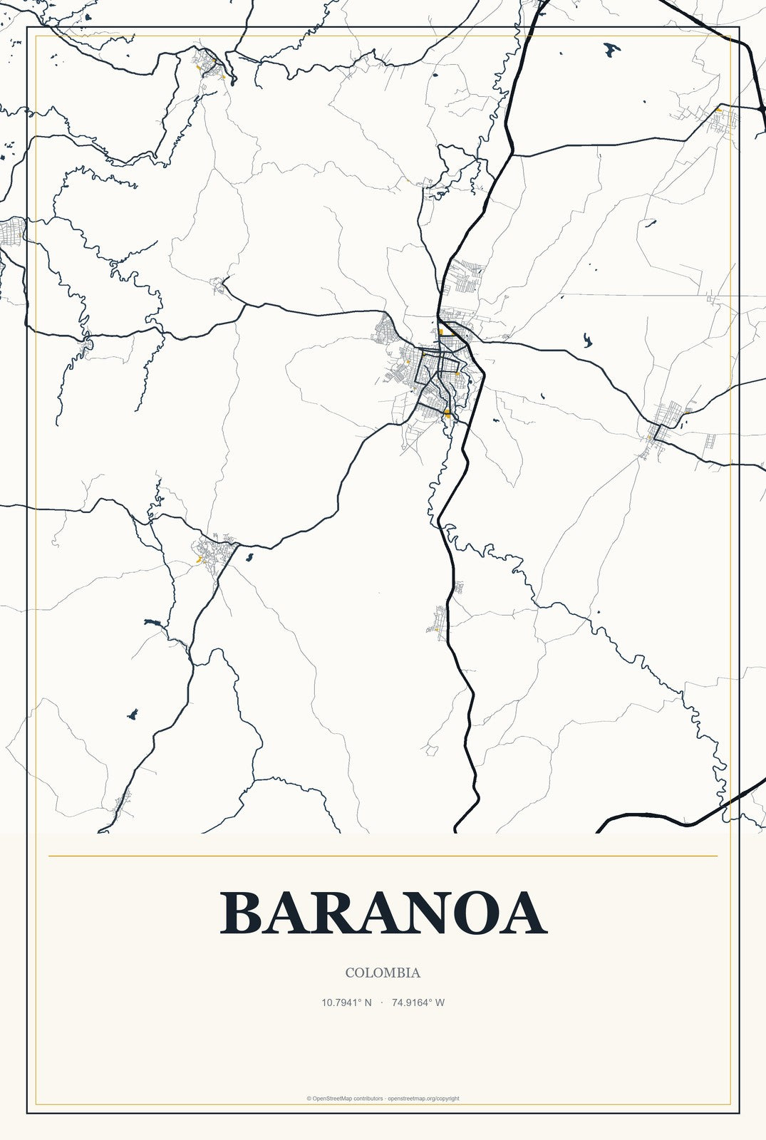 Baranoa, Colombia City Map Aluminum Sign in Citrine Modern style