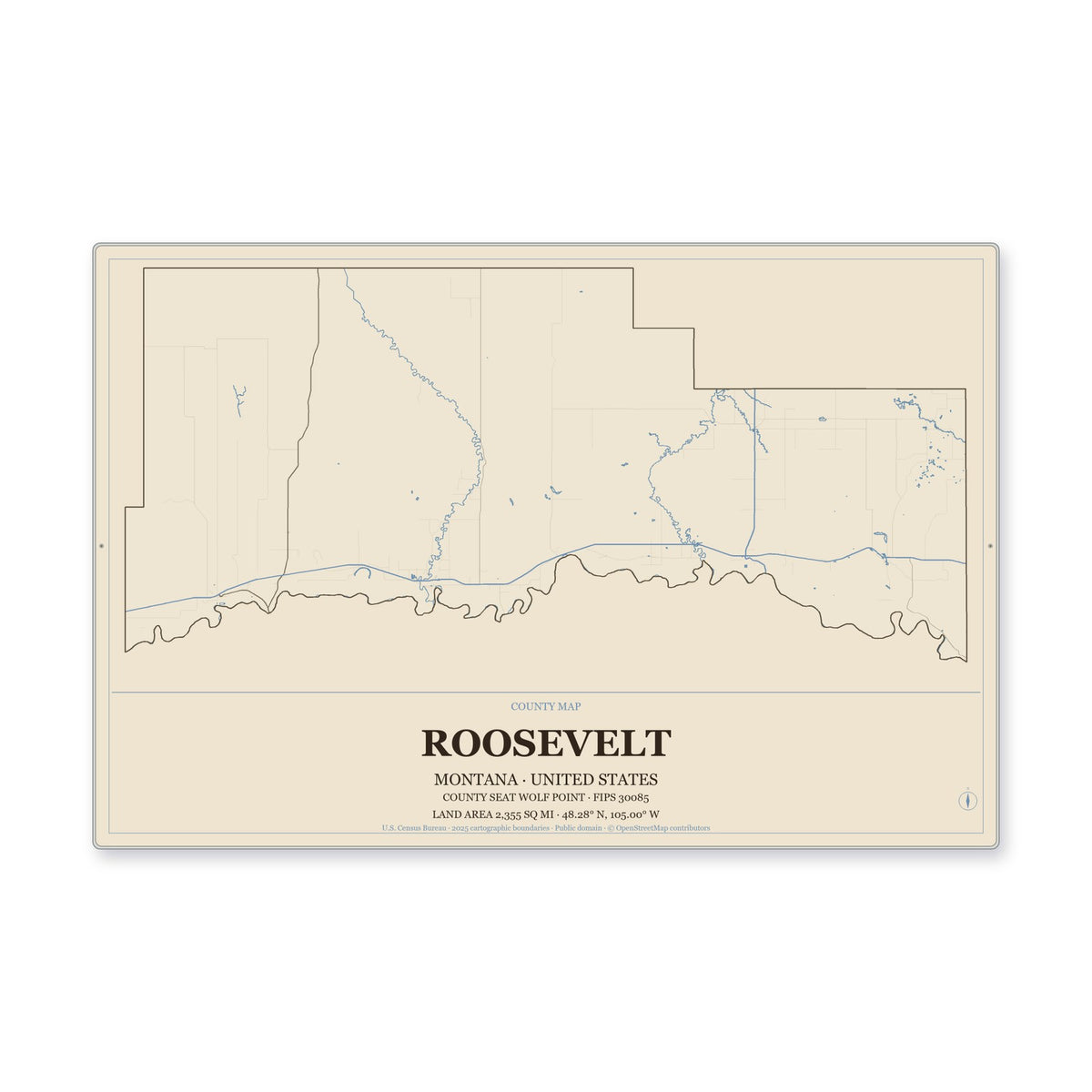 Roosevelt County, Montana Map Aluminum Sign in Heritage Nautical style