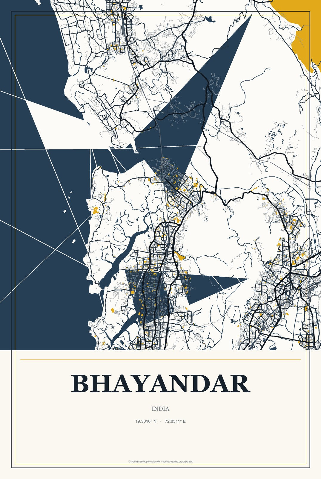 Bhayandar, India City Map Aluminum Sign in Citrine Modern style