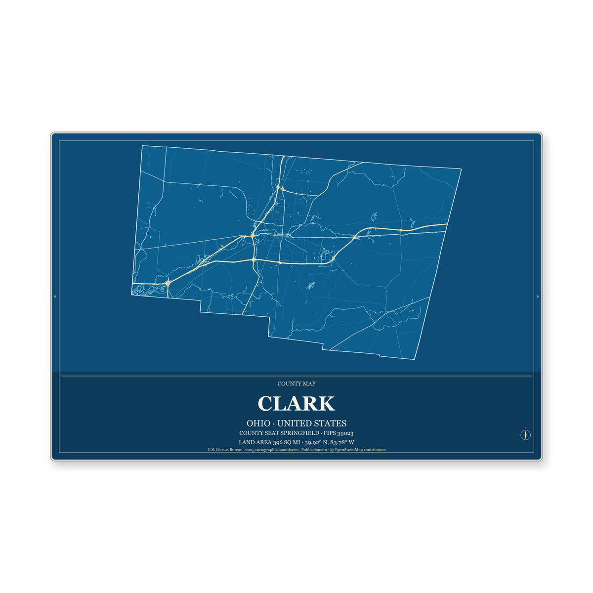 Clark County, Ohio Map Aluminum Sign in Harbor Cobalt style