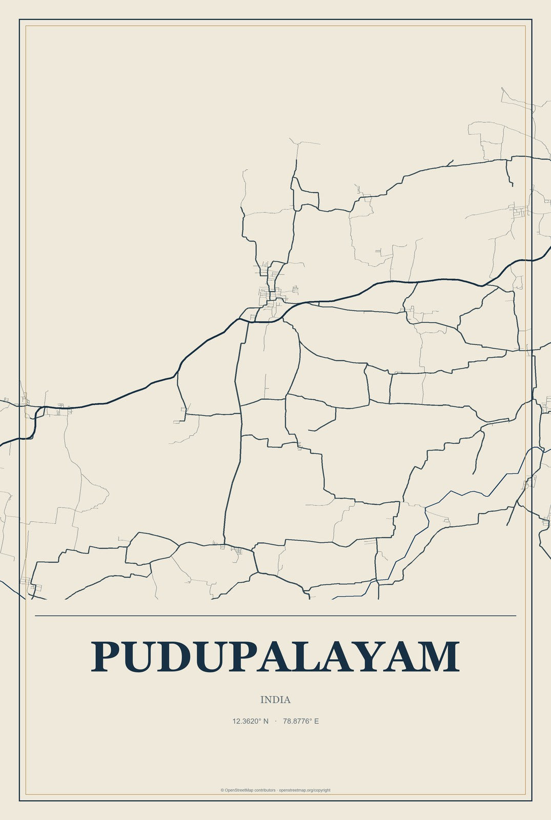 Pudupalayam, India City Map Aluminum Sign in Coastal Cutout style